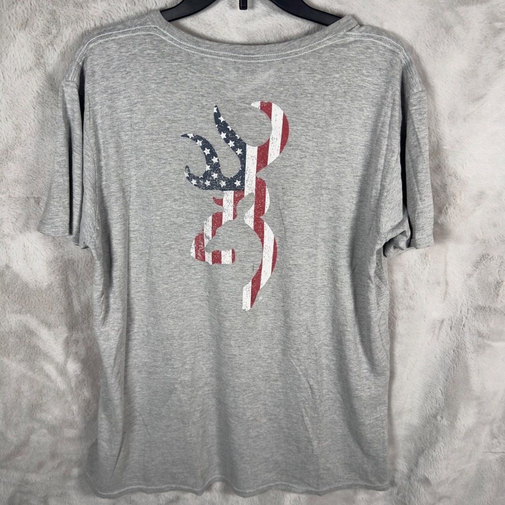 Browning T Shirt Mens Large‎ Gray American Flag Antler Graphic Tee